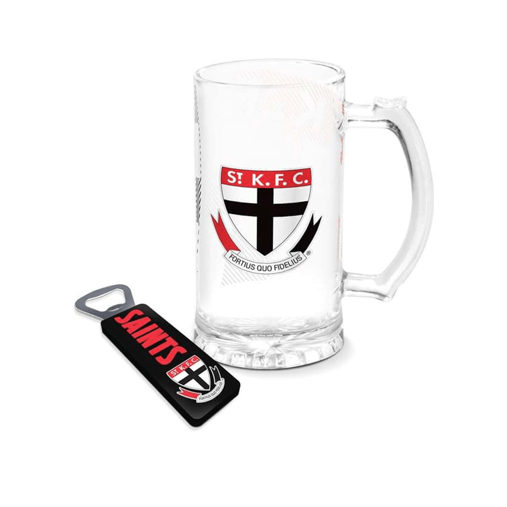 St Kilda Saints Stein Glass & Magnetic Bottle Opener Pack - Jerseys Megastore