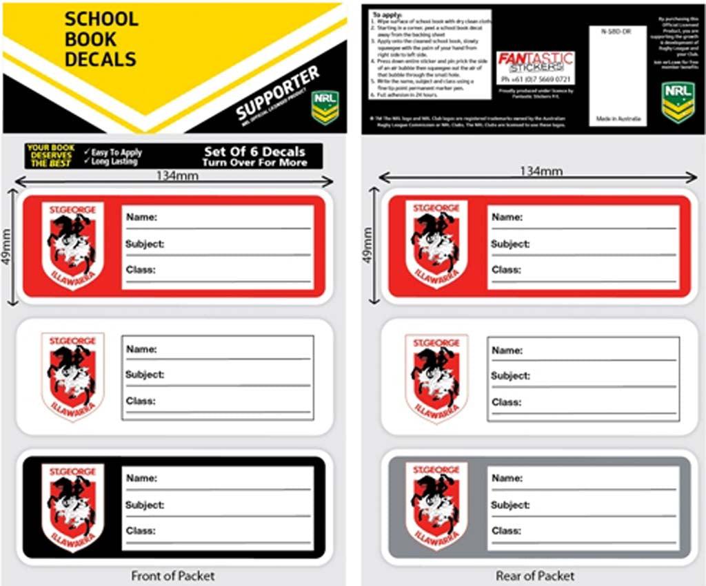 St George Dragons School Book Decals 6pk - Jerseys Megastore