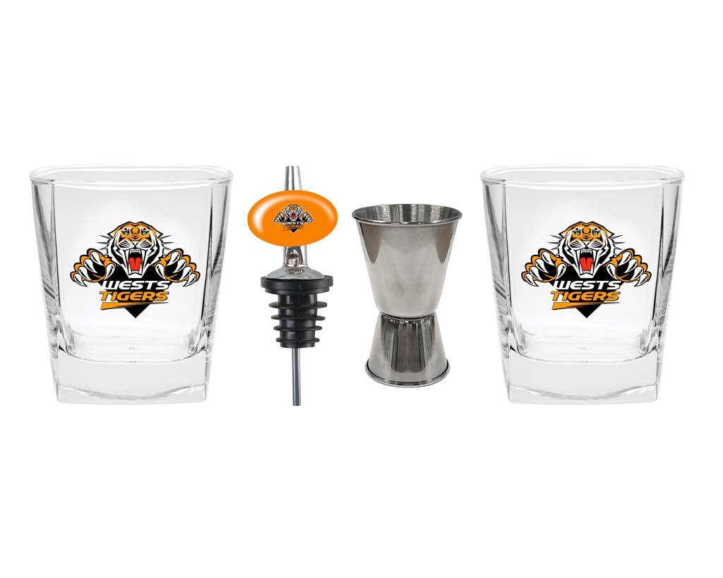 Wests Tigers Set of 2 Spirit Glasses, Jigger and Pourer - Jerseys Megastore